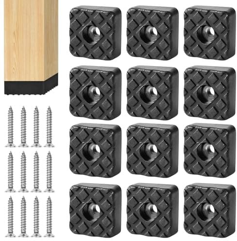 Black Square Shape Furniture Pads with Screws, 12 Pcs Non-Slip Rubber Feet for Garden Furniture Chairs, Floor Protector Pads for Table Desk Chair and Sofa Leg Furniture Cups to Protect (22MM)