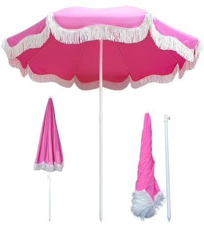 Rosa Sombrilla Playa 180cm Boho Sombrilla De Exterior Protección UV Sombrilla De Jardín Con Flecos Portátil Sombrillas Terraza Extraíble Con Bolsa De Almacenamiento Sombrilla De Mesa Para Piscina