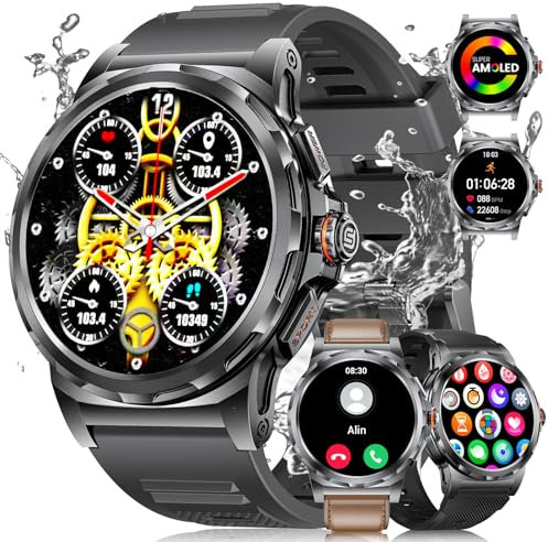 LIGE Militär Smartwatch Herren(3 Armbändern),1,43 HD AMOLED Smartwatch mit Telefonfunktion,Schwarze Fitnessuhr mit 120+ Sportmodi,Herz-/Schlaftracking,IP68 wasserdicht sportuhr für iOS/Android