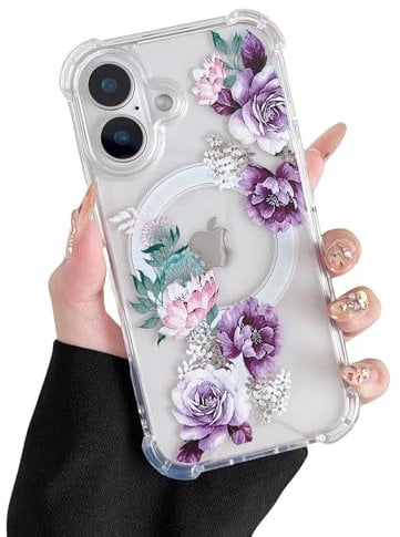 DEFBSC Magnetic Case for iPhone 16 [Compatible with Magsafe], Clear Floral Flower Print Design Flexible Acrylic Bumper Protective Shockproof Case for iPhone 16 - Purple Peony
