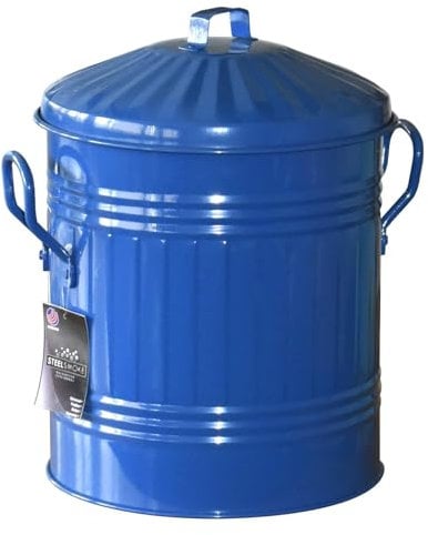 Unibos | Small 13 Litre 13L Round Shape Blue Colour Galvanised Steel Metal Bin Recycle Rubbish Waste Dustbin Bin With Lid