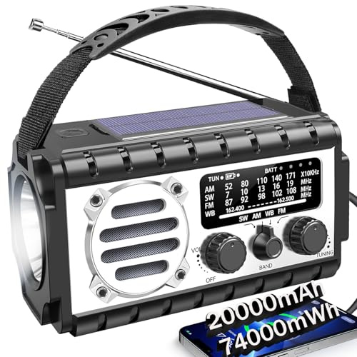 QAUYYW Emergency Radio, 20000mAh/74000mWh, Hand Crank Solar Radio with AM/FM/NOAA/SW Weather Alert, Flashlight and Reading Light, SOS Alarm, Emergency Hurricane Phone Charger