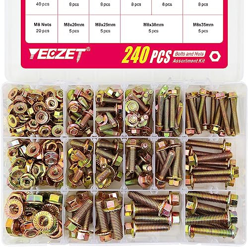 YEEZET 240 Stück M5 M6 M8 Flanschschrauben und Flanschmuttern aus verzinkt 8.8 Sechskantschrauben & Muttern Sortiment kit