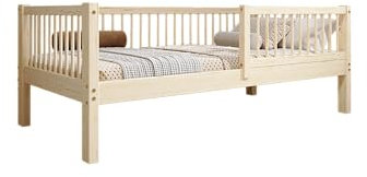 TIMBEE - Alfi - Kinderbett 90x180 cm - Bett Holz Unlackiert - Einzelbett für Kinder mit Lattenrost und Rausfallschutz Abnehmbar - Hohe Beine - Belastbar bis 100 kg - aus Kiefernholz Klasse 1