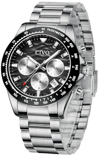 CIVO Uhren Herren Militär Wasserdicht: Silber Edelstahl Chronographen Datum - Analog Quarz Uhren für Männer Schwarz