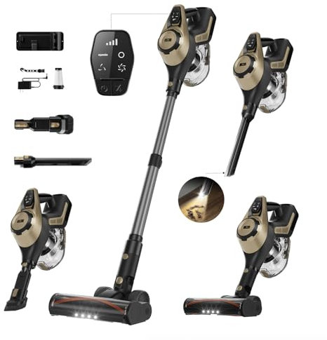 Cordless Vacuum Cleaner, 30Kpa Home Stick Vacuum, Smart Display & 1.5L Dust Cup, 55mins Max Runtime, Rechargeable Lightweight Handheld Vavuum for Pet Hair/Carpet/Hardwood Floor/Car (Golden)