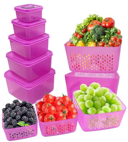 ANJUKE 6PCS Fruit Storage Containers for Fridge,BPA-Free,Stackable Airtight Vegetable Storage Box with Removable Colander,Lid,Collapsible Plastic Food Storage Keep Fruits,Meat Fresh longer-Purple