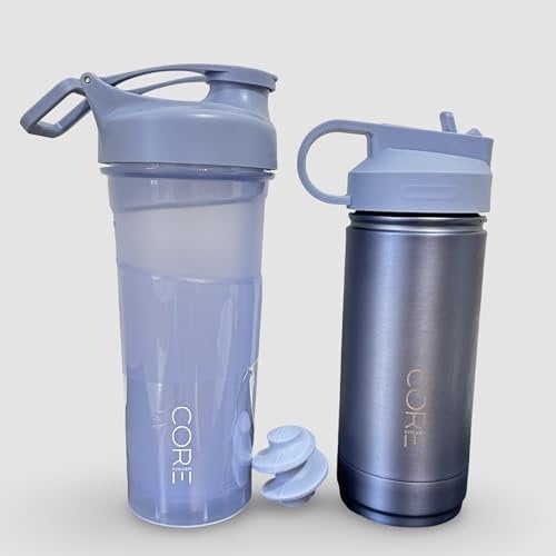 Core Fuse and Convoy 2-Pack, Stainless Steel Bottle with Straw Lid & BPA-Free Plastic Shaker with Silicone Blender, Leak-Proof, Durable, Blue
