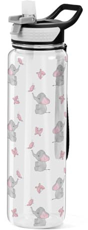 Mnsruu Cute Elephant Butterfly Water Bottle 1L with Straw, Leakproof BPA Free Tritan Drink Bottle, Sport Water Bottle for Men Women Kids
