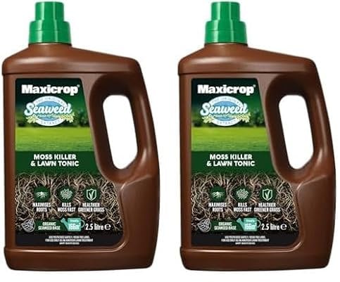 Maxicrop 86600259 Moss Killer & Lawn Tonic, 2.5L - Fast Acting 2-in-1 Moss Killer and Lawn Re-Growth Tonic - with Natural Seaweed Extract - Improves Lawn Health and Strong Rooting - Garden Care