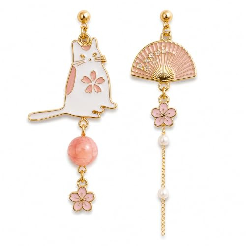 Niedliche Rosa Sakura Fächer Ohrringe mit Katzenanhänger Statement Frühlingsfloralschmuck Kirschblüten Accessoires Geschenke für Damen