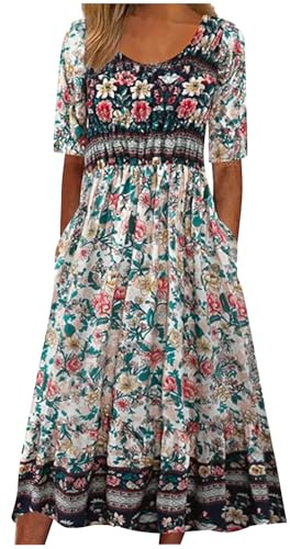Boho Dresses for Women UK Clearance Italian Short Sleeve Button V Neck Dress with Pocket Ladies Floral Casual Sundress Elegant Swing Midi Dress Loose Pullover Lounge Dresses Beach Holiday Sundress