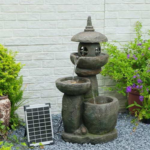 Bumilgar 80cm solar outdoor fountain, 3 floors zen lighthouse water feature with LED lights for garden, patio, backyard, deck, porch and outdoor decoration