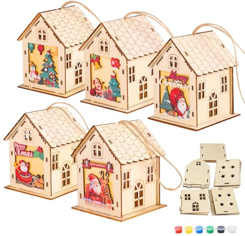 5 Stück Weihnachtshaus Basteln Kinder mit LED Leucht bastelset Weihnachten Kinder DIY Weihnachtsdorf Häuser Winterdorf Weihnachtsbasteln Weihnachtsdekoration Geschenk