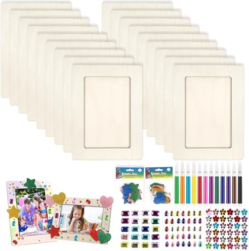 Neuytiky 10 Stück Bilderrahmen Holz Set, 20x15cm DIY Bilderrahmen Bastelset Bemalen Kinder mit 3 Sorten Glitzersteinen, 3D Schaumstoff Sternstickern für Kinder, Hochzeit für Geburtstage