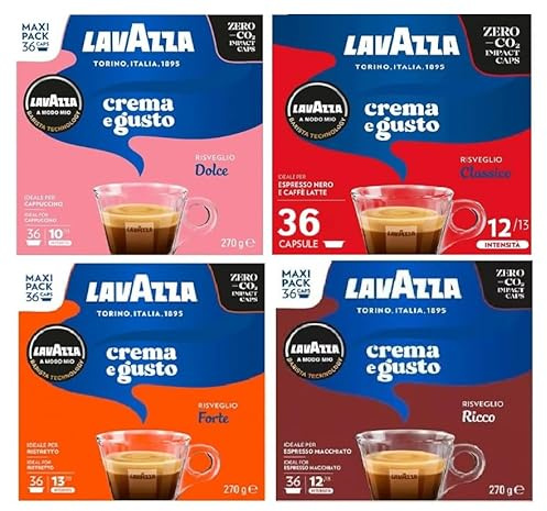 Lavazza A Modo Mio Crema e Gusto Coffee Pods Variety Pack x36 Maxi Pack (Pack of 4, Total 144 Capsules) – Classico, Dolce, Forte & Ricco