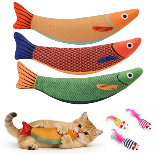 KIQAWEE 6er Set Katzenspielzeug mit Katzenminze & Knistergeräusch | 3 Fisch-Kicker + 3 Plüschmäuse, weiches interaktives Spielzeug zur Selbstbeschäftigung Intelligenztraining für Katzen aller