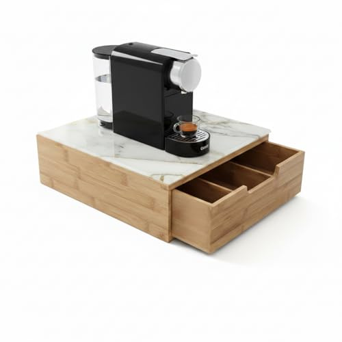 Cassetto Portacapsule e Cialde in Bambù con Piano in Vetro Temperato – Organizer Caffè Salvaspazio per Capsule e Accessori, Compatibile con Macchine da Caffè, 30x30x10 cm (Bianco)