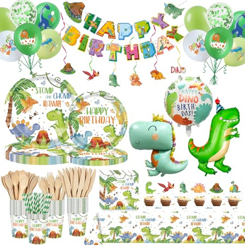 163-teiliges Dino Geburtstag Deko Set für 20 Gäste – Dinosaurier Party Set mit dekorativen Papptellern, Servietten, Holz-Besteck, Tischdecke, Banner & Partydekoration für Dino Motto Party