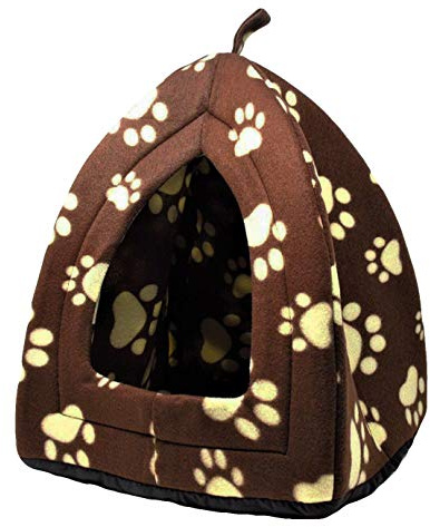 Purrfect Pet TM Pet Cat Dog Puppy Rabbit Soft Fleece Igloo House Bed, Brown with Cream Paw Prints