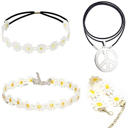 PPX Hippie Kostüm Set - 60er Jahre Friedenszeichen Halskette Sonnenblume Krone Haarband, Armband und Halskette 60er Jahre Hippie Dressing Zubehörset