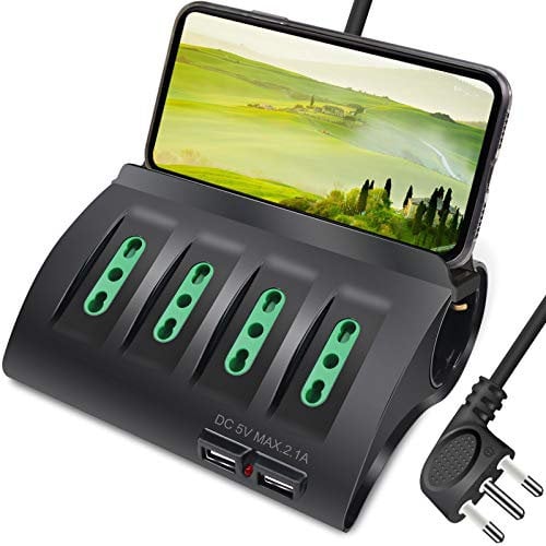 Extrastar Multipresa da Scrivania/Tavolo con 2 Presa USB,Presa con interruttore automatico di protezione 16A,Nero,3500W,6 Prese (4 ITA/Schuko),2M