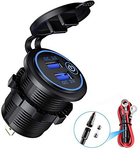 Presa Accendisigari Impermeabile, Presa USB per Auto 12V con LED Indicazione, Caricabatterie Rapido QC3.0 USB per Auto per Camion da Moto 12V/24V(Blu)
