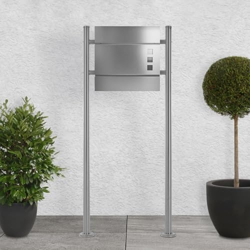 ECD Germany Boîte aux Lettres sur Pied, Argent, 37x10x36,5 cm, Acier Inoxydable, Moderne, Mailbox Postale avec Compartiment à Journaux, 2 Clés, Support Argent Haut 120 cm, Materiel de Montage Inclus