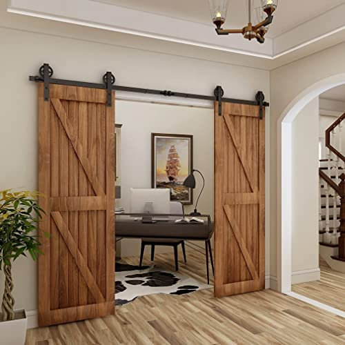 Rail Porte Coulissante Double 305cm Kit Roulette Suspendue Systeme Noir pour 2 Porte Coulissante Interieur 76cm Large, Milieu Roue J-forme