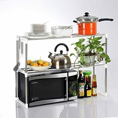 LIZZIE JACOBS New 2 Tier Microwave Oven Rack Kitchen Counter top Storage Organizer Stand with 2 Height Adjustable Shelves and 6 Hooks Foldable Kitchen Organiser for Toaster Towels Utensils