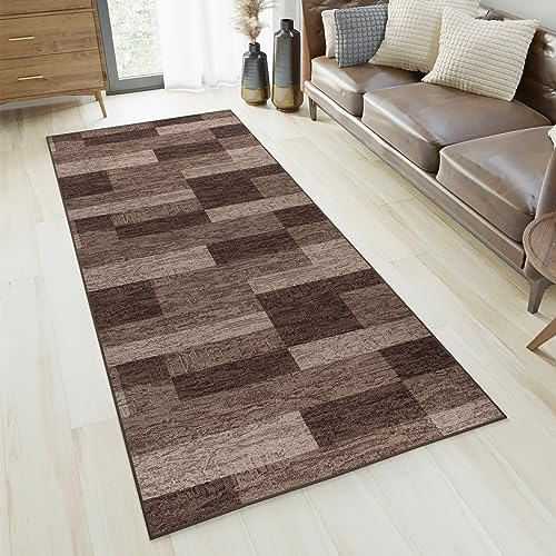 TAPISO Anti Rutsch Teppich Läufer rutschfest Brücke Meterware Modern Dunkelbraun Braun Viereck Geometrisch Design Flur Küche Wohnzimmer Diele 80 x 650 cm