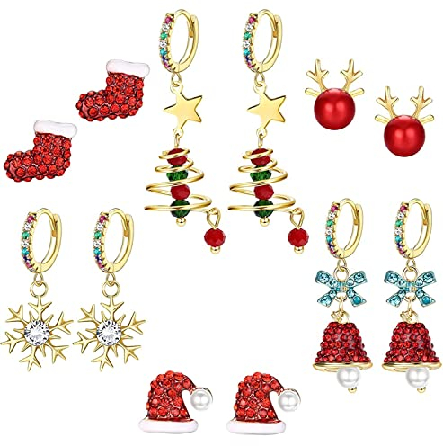 ORAZIO 6 Paar Weihnachts Ohrringe für Frauen Mädchen, Creolen mit Schneeflocke Glocke Weihnachtsbaum Baumeln rot Rentier Weihnachtsmann Mütze Ohrstecker Ohrringe, Weihnachten Ohrringe Anhänger Set