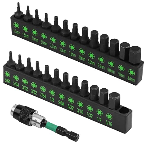 SWANLAKE 26-Piece Hex Head Allen Wrench Drill Bit Set, 1/4”Magnetic Extension, Metric and SAE S2 Steel Hex Bits Set