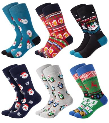 BRUBAKER 6 Paar Herren Weihnachtssocken - Lustige Socken Weihnachten 41-45 - Bunte Gemusterte Baumwollsocken - Männer Crew Socken Baumwolle Set für Geburtstag Adventskalender