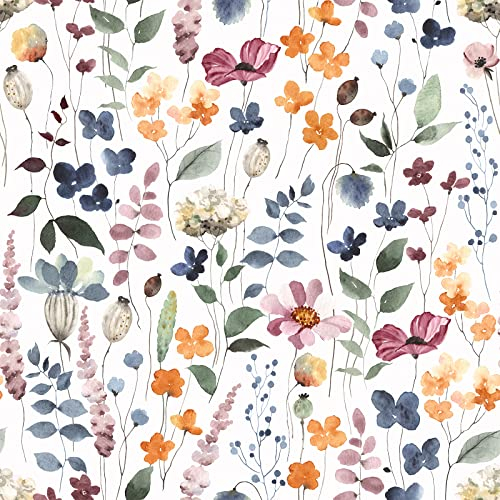 VEELIKE Tapete Blumen Weiß Selbstklebende Tapete Blätter Aquarell Blumentapete Fototapete Schlafzimmer Vintage Schrankpapier Klebefolie Blumen Möbelfolie Badezimmer Tropische Tapeten 44.5cm x 300cm
