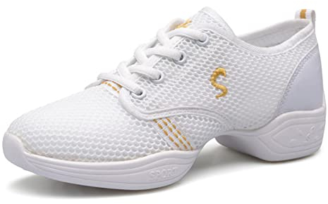 Uhclrr Tanzschuhe Moderne Jazz-Sportschuhe Mit Weichem Boden Aerobic Atmungsaktive Leichte Tanz-Fitness-Sportarten Für Damen(38 EU, White)