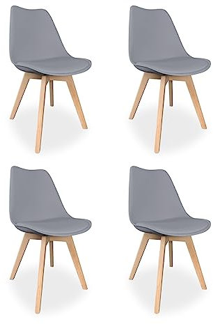 Homey, Pack de 4 Sillas Escandinavas Acolchadas para Cocina, Salón o Comedor, Modelo Sena, Patas de Madera, Prácticas y Funcionales, Fácil Montaje, Color Gris