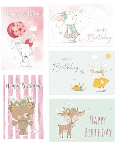 Handarbeit - Lieblingsladen 5 Premium Geburtstagskarte Happy Birthday 18x12cm mit weißem Umschlag, Tiermotiv Hase Bär Karte zum Geburtstag Glückwunschkarte Alles Gute Happy-Birthday-Karte