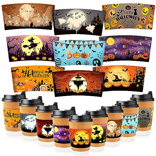 NOVWANG 54pcs Halloween Coffee Cup Sleeves, Funny Disposable Cup Paper Jacket Coffee Cup Sleeves for 12oz and 16oz Cups Halloween Hot Drinks Chocolate Cold Beverage（9 Designs）