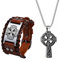 Cupimatch Herren Kreuz Kette Armband Set aus Edelstahl Halskette Ohrringe Set Gold Jesus Kreuz Anhänger Kette Schmuck Set Lederarmband Armkette Geschenk für Herren Braun