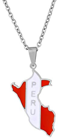 JEDTAKCT Peru-Karte Mit Flagge-Anhänger-Halskette – Tropfen-Öl-Welt-Ethno-Stil, Schlüsselbeinkette, Unisex, Patriotischer Charm-Schmuck, Pullover-Kette Für Paare, Geometrie-Halskette, Weiß, 45 cm