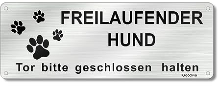 Goodvia Hier Wache ich Hund | Vorsicht Freilaufender Hund schild | Betreten auf Eigene Gefahr Schild 25x9cm Gebürstetes Aluminium mit 4 Vorgebohrten Löchern