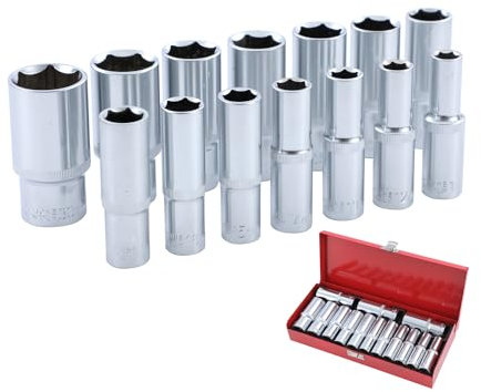 TOPWAY 1/2 Inch Deep Socket Set 14PCs 11-30mm Metric Sockets Chrome Vanadium Steel Mechanical Auto Repairing Garage Tool in Steel Case 420326