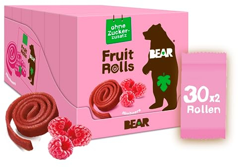 BEAR Fruchtrollen Himbeere | 100% Natürliche Inhaltsstoffe | Ohne Zusatz von Zucker | Gesunder Snack für Kinder & Erwachsene | 30 Beutel x 20g | 600g