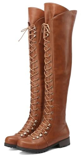 Wavyvigs Lacets Bottes Cuissardes For Femmes Talon Bas Long Stretch Bottes en Cuir With Side Fermeture éclairper