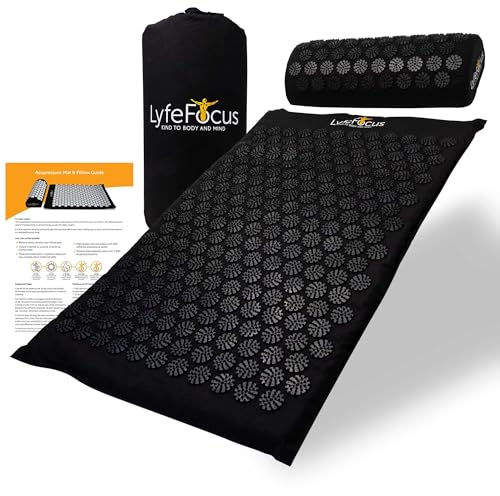 LyfeFocus Juego de alfombrilla de acupresión y almohada con bolsa de viaje, alfombrilla de masaje de acupuntura acolchada para aliviar el dolor de espalda, cuello y hombros, alivia la tensión muscular