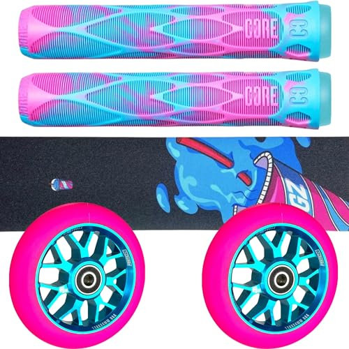 Fantic26 Stunt-Scooter Trick Tret Park/Street Roller Ersatzteile Tuning Bundle Kit Core Pro Griffe mit Barends I Figz Slurepee Griptape I Spy7 Rollen Abec11 Pink/Hell Blau