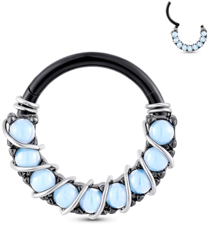 Longbeauty 16G Knorpel Septum Helix Nasenring, Chirurgenstahl Nasenpiercing, Nahtlose Ohr Piercing, Tragus Ohrringe Körperschmuck, 10mm Innendurchmesser, Schwarz/Blaue Opal
