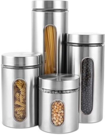 ZOFUN 4 latas de café, herméticas de acero inoxidable, latas de almacenamiento de metal con tapa hermética y gran ventana de visualización para café, harina, azúcar, cereales, té (600 ml/950 ml/1300