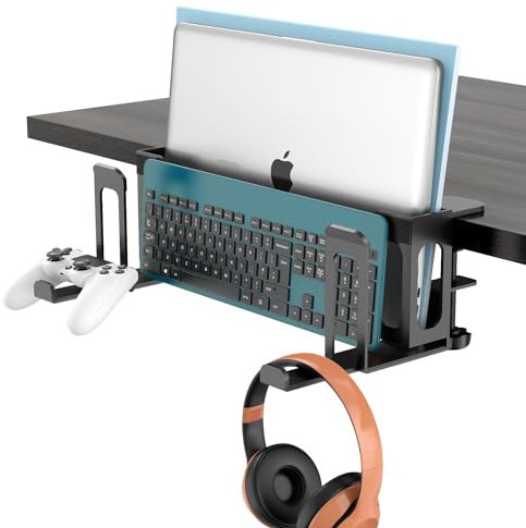 ROLIZOE 6 In 1 Schreibtisch Seitenaufbewahrung Ohne Bohrer Verstellbare Laptop Halterung, Zweilagig, Stahl, Laptop Ständer Vertikal Klemmregal Schreibtisch Organizer für Laptop, Gamepads